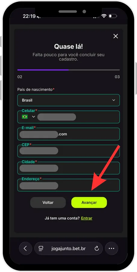 4. País, celular e e-mail